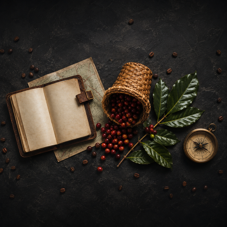 Overhead flat lay of a leather travel journal, folded map of Panama, straw hat and a woven basket of ripe red coffee cherries on dark slate — Boquete coffee tours and travel guides.