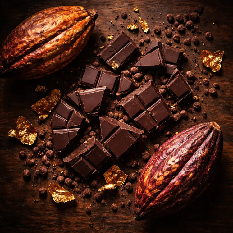 Artisan dark chocolate bars and raw cacao pods from Panama on a rustic wood surface