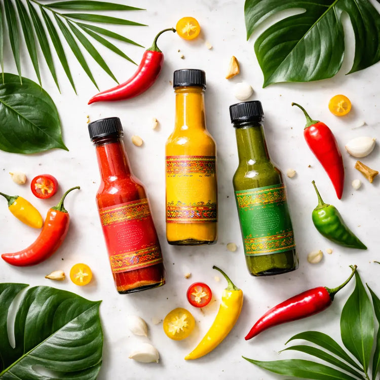 Panamanian artisan hot sauce bottles with fresh red and yellow chili peppers on white marble