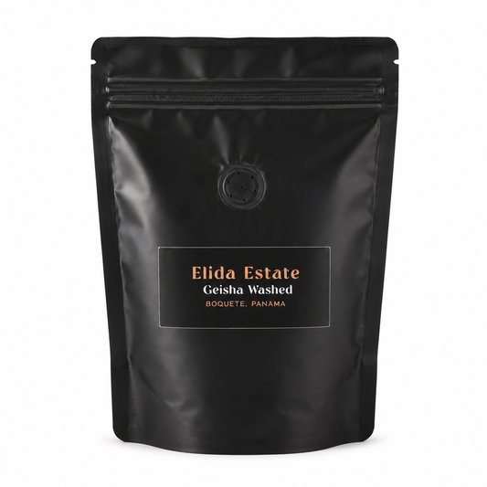 Elida Estate Geisha Washed Lot Torre, Panama Geisha coffee by Lamastus Family Estates, Boquete, black and gold pouch