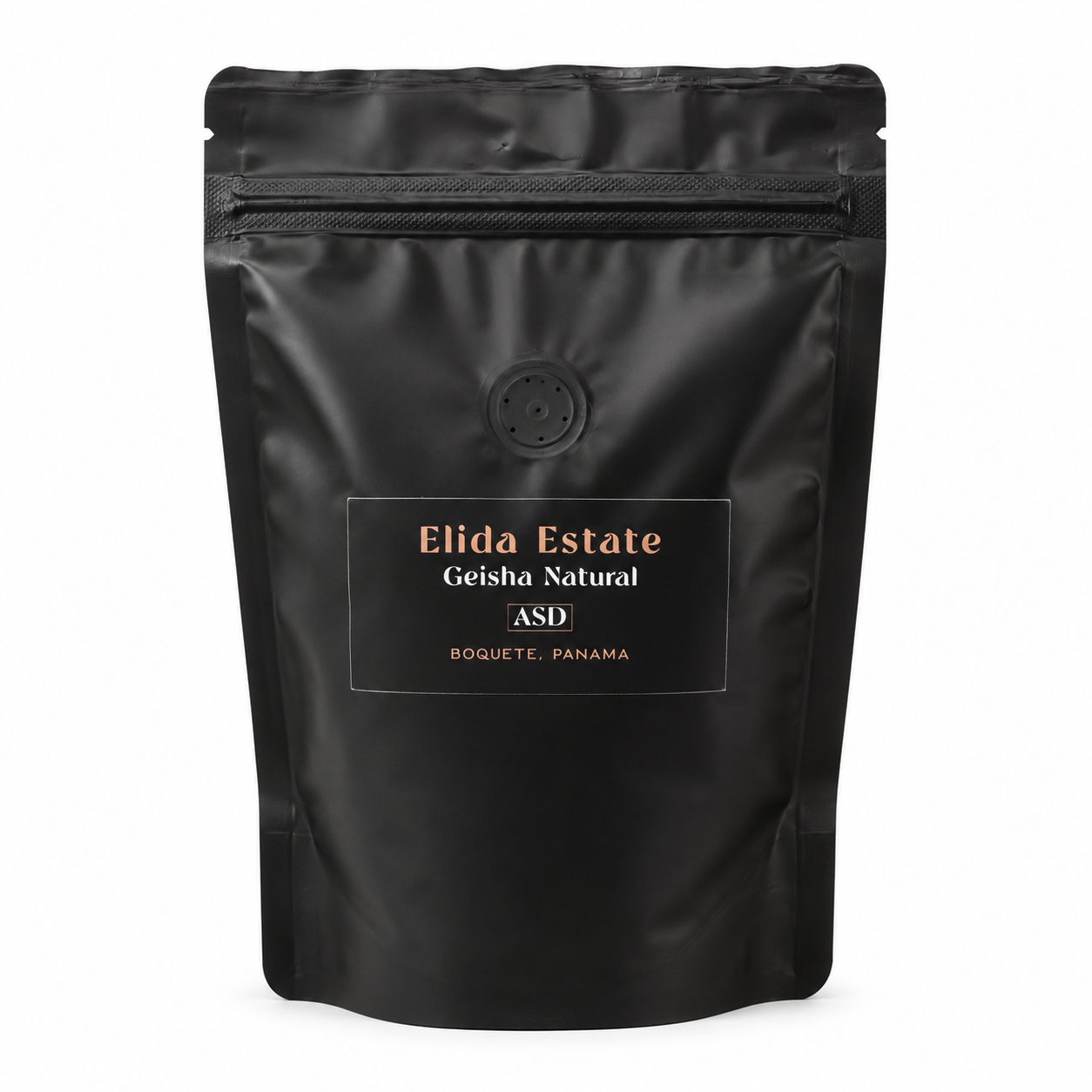 A black stand-up pouch of Elida Estate Geisha Natural ASD Boquete, Panama, on a solid white background.