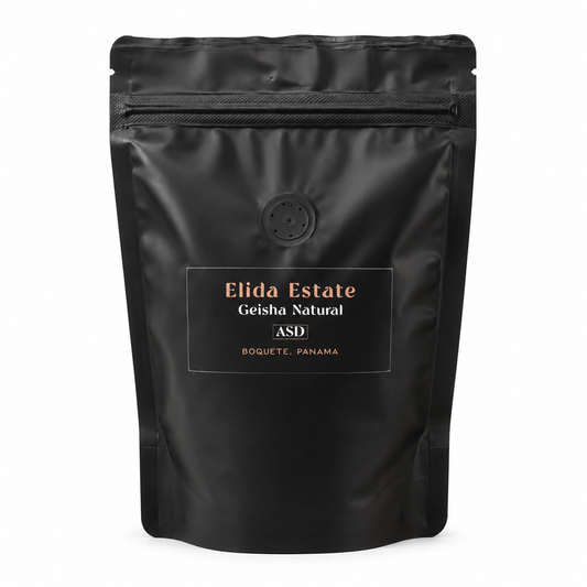 A black stand-up pouch of Elida Estate Geisha Natural ASD Boquete, Panama, on a solid white background.
