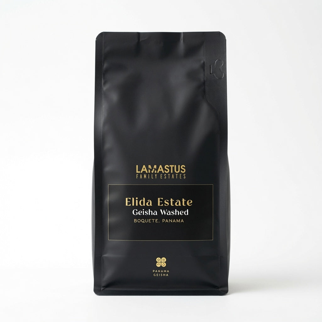 Elida Estate Geisha Washed Lot Torre, Panama Geisha coffee by Lamastus Family Estates, Boquete, black and gold pouch