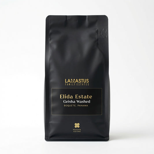 Elida Estate Geisha Washed Lot Torre, Panama Geisha coffee by Lamastus Family Estates, Boquete, black and gold pouch