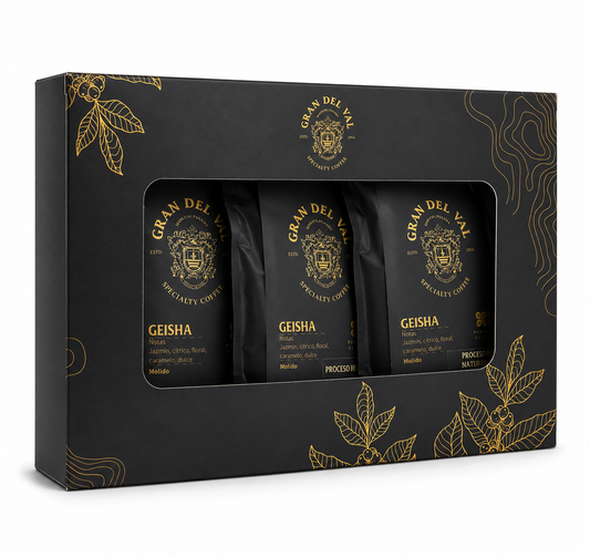 Gran Del Val Panama Geisha Gift Set black and gold box with three 75g Geisha coffee bags in natural, washed, and honey process