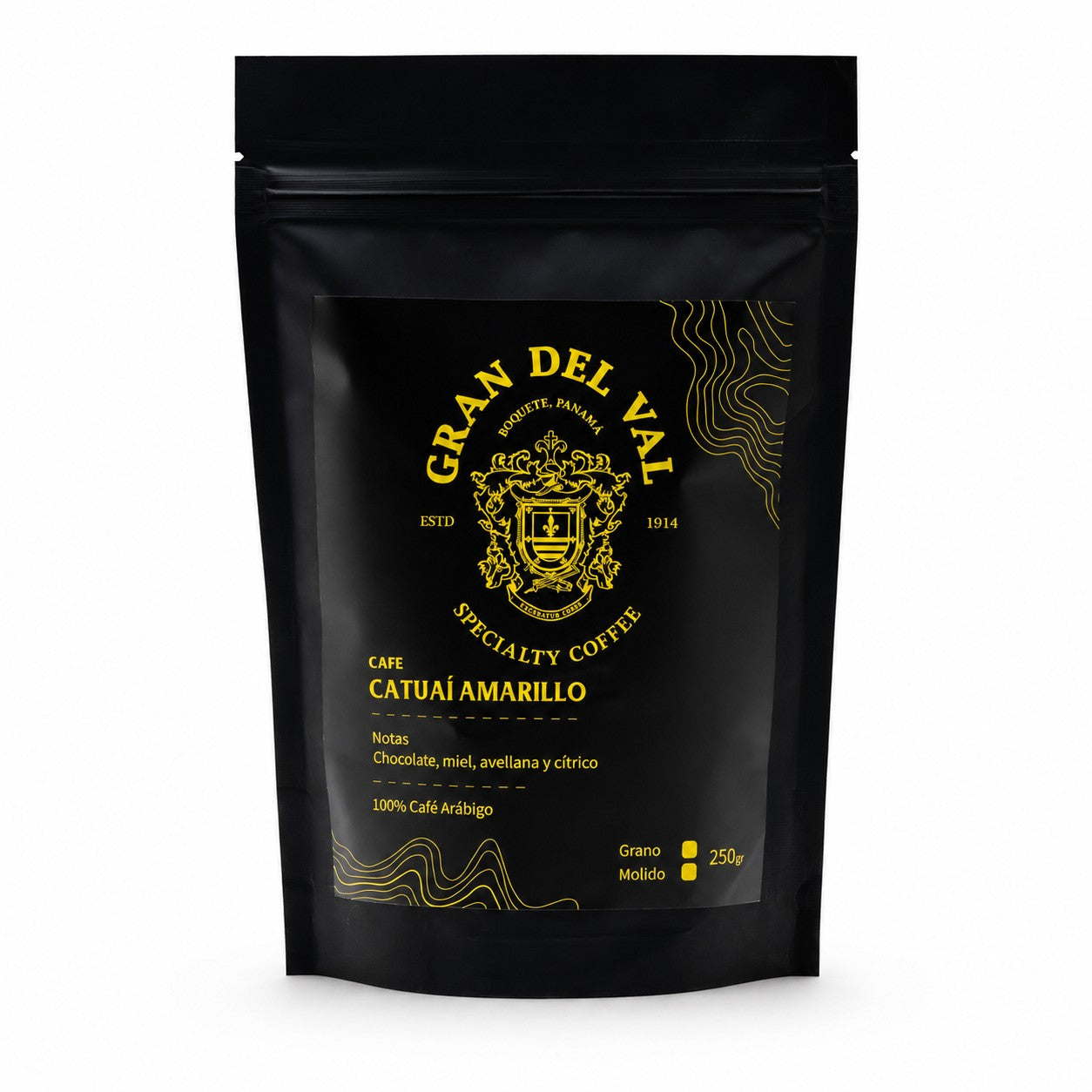 Gran Del Val Catuaí Amarillo specialty coffee, 250g washed Panama Arabica from Boquete, black and gold pouch