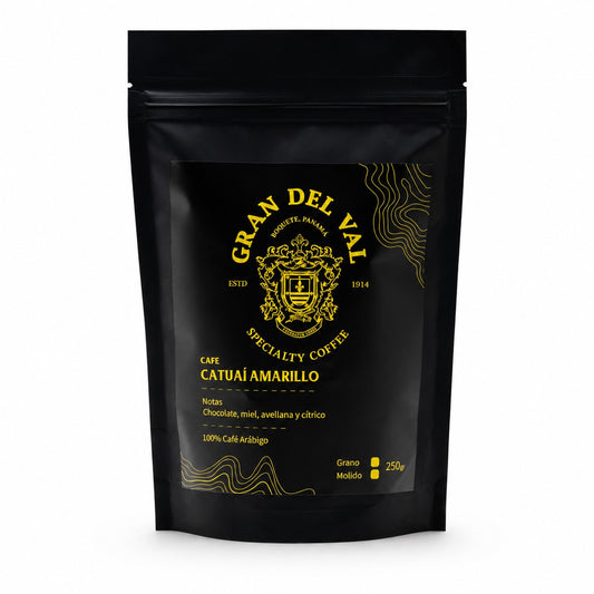 Gran Del Val Catuaí Amarillo specialty coffee, 250g washed Panama Arabica from Boquete, black and gold pouch