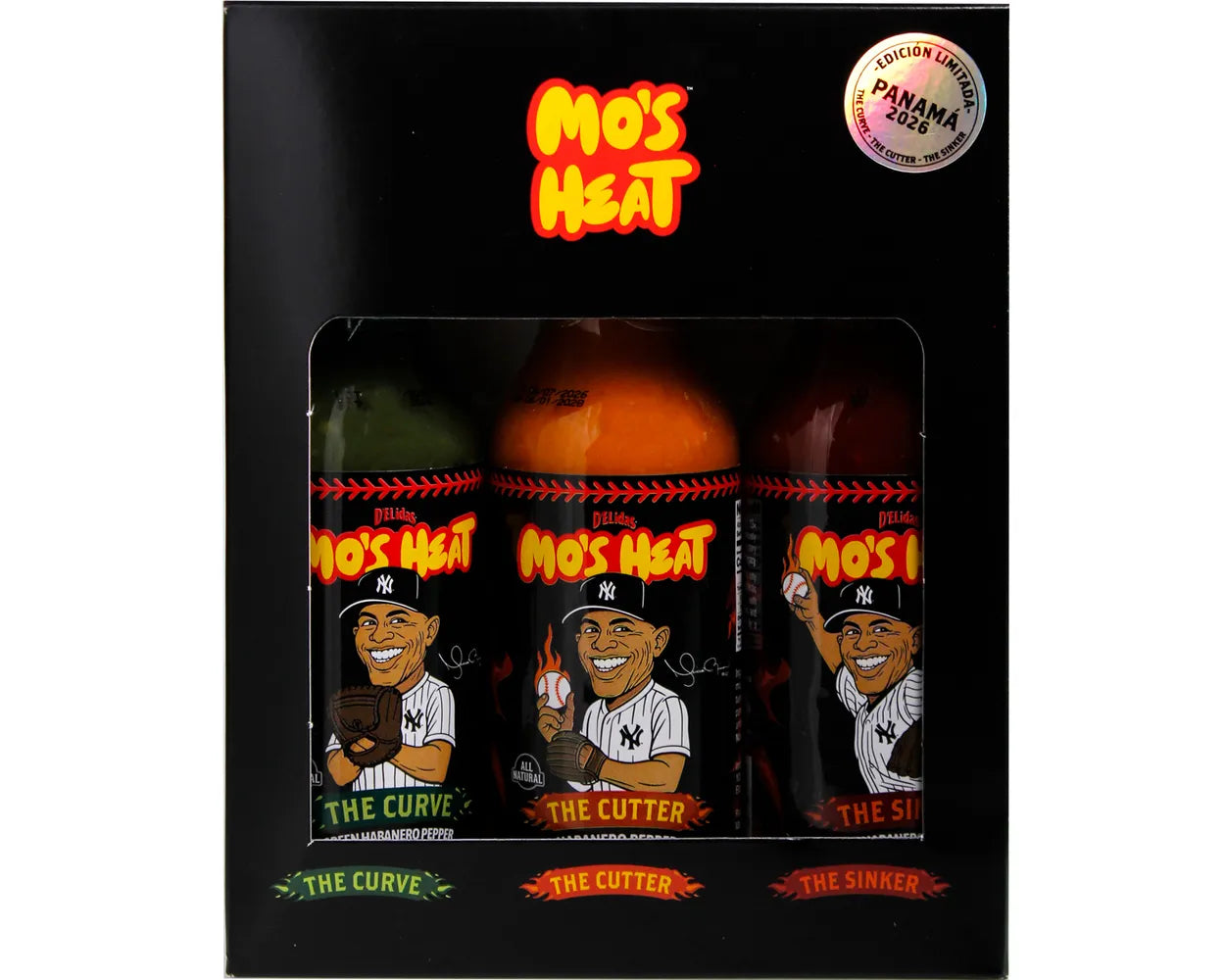 Mo's Heat 3 Pack limited edition Panama 2026 gift box with The Curve, The Cutter and The Sinker habanero hot sauces by Mariano Rivera