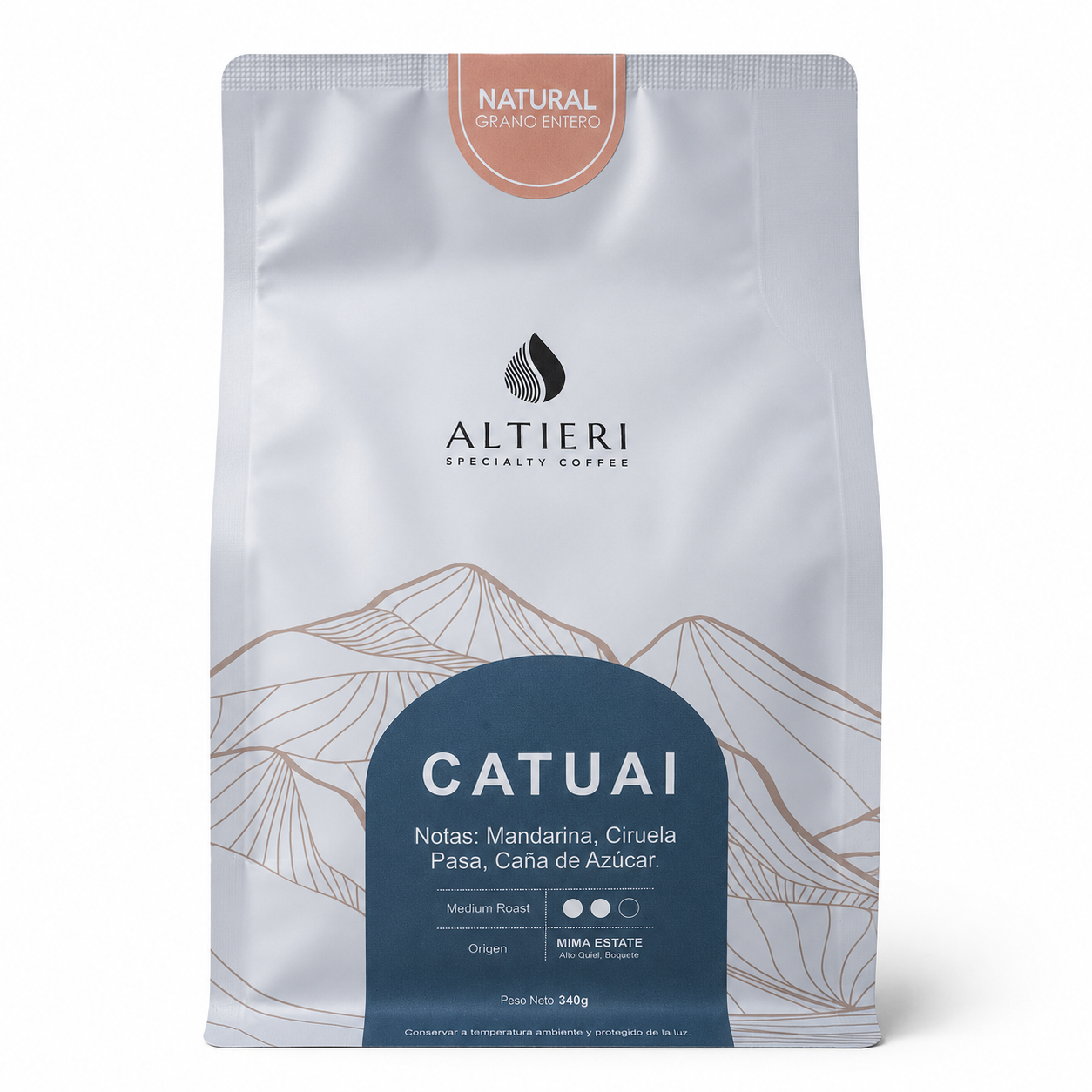 A 340g bag of Altieri Specialty Coffee Catuai on a clean white background. The packaging is primarily white with a dark blue label at the bottom, featuring the brand name 'ALTIERI' and product name 'CATUAI'.