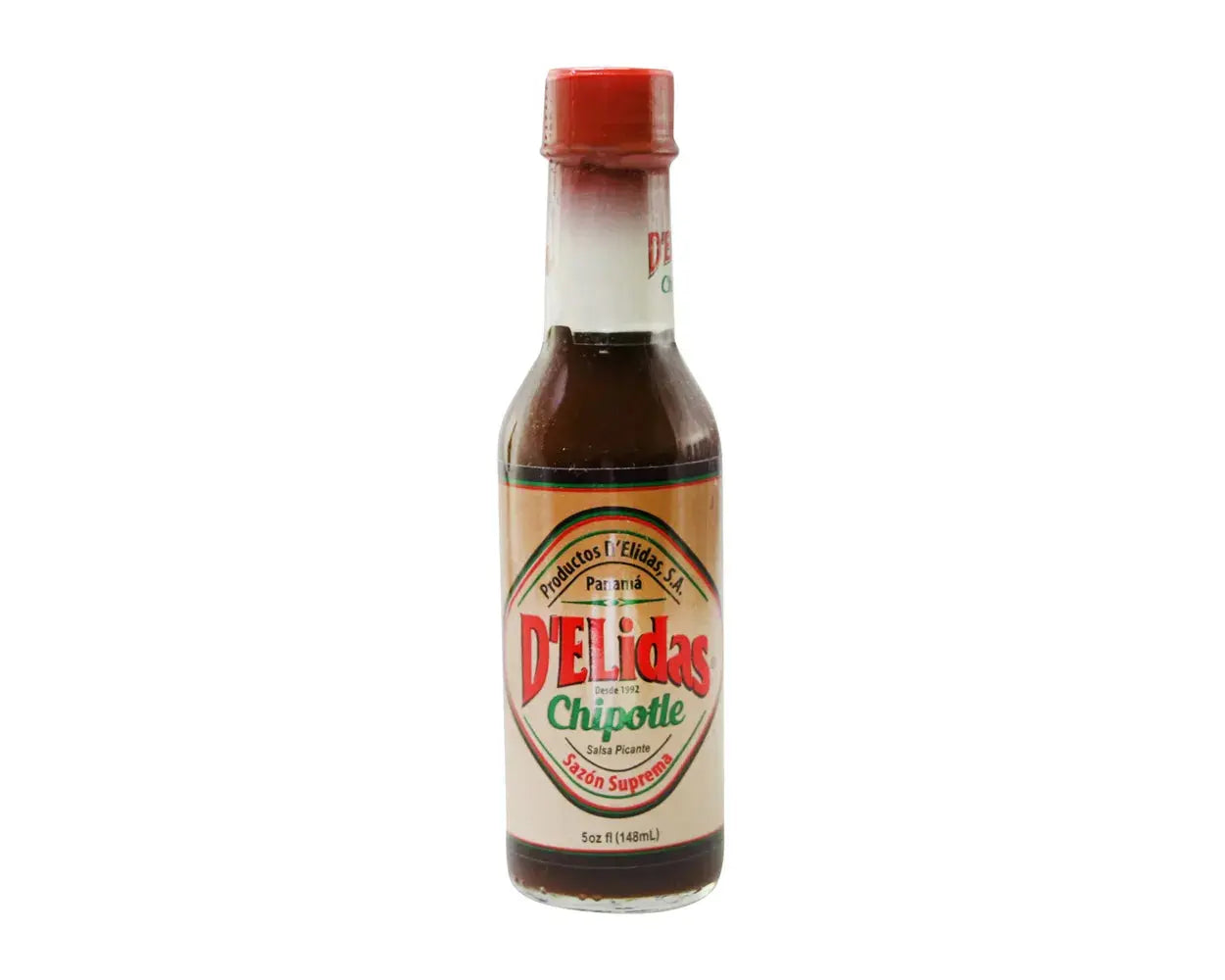 D'Elidas Chipotle Hot Sauce Sazón Suprema 5oz bottle from Panama with smoky smoked habanero flavor