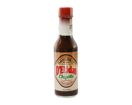 D'Elidas Chipotle Hot Sauce Sazón Suprema 5oz bottle from Panama with smoky smoked habanero flavor