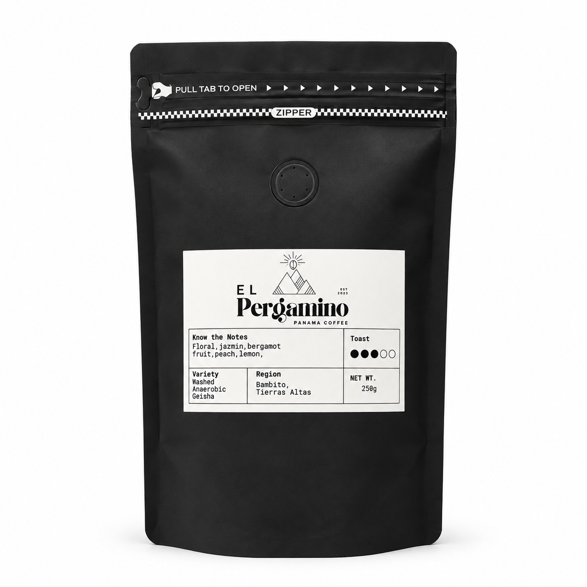 Finca El Pergamino Geisha Washed Anaerobic 250g whole bean coffee bag, Bambito, Tierras Altas, Panama