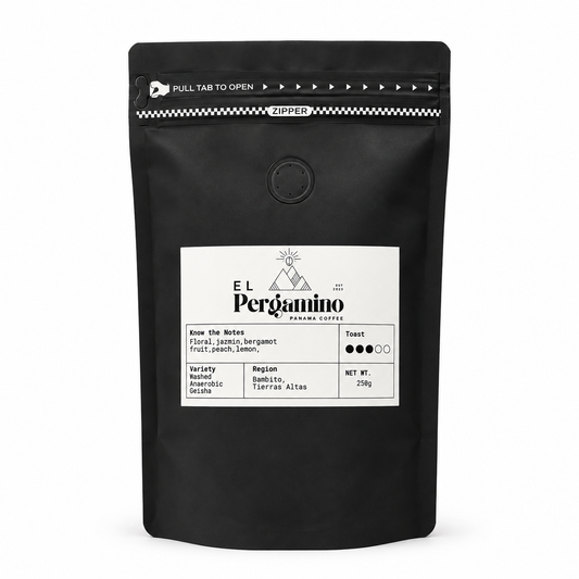 Finca El Pergamino Geisha Washed Anaerobic 250g whole bean coffee bag, Bambito, Tierras Altas, Panama