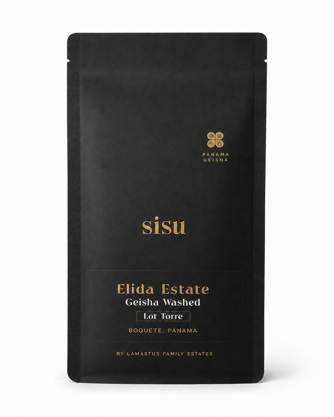 SISU Elida Estate Geisha Washed Lot Torre, Panama Geisha coffee by Lamastus Family Estates, Boquete, black and gold pouch